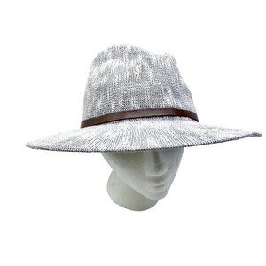 Anthropologie Gray Woven Fedora Sun Hat Brown Faux Leather Band Beach Resort